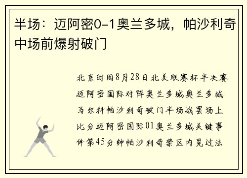 半场：迈阿密0-1奥兰多城，帕沙利奇中场前爆射破门