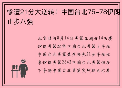 惨遭21分大逆转！中国台北75-78伊朗止步八强